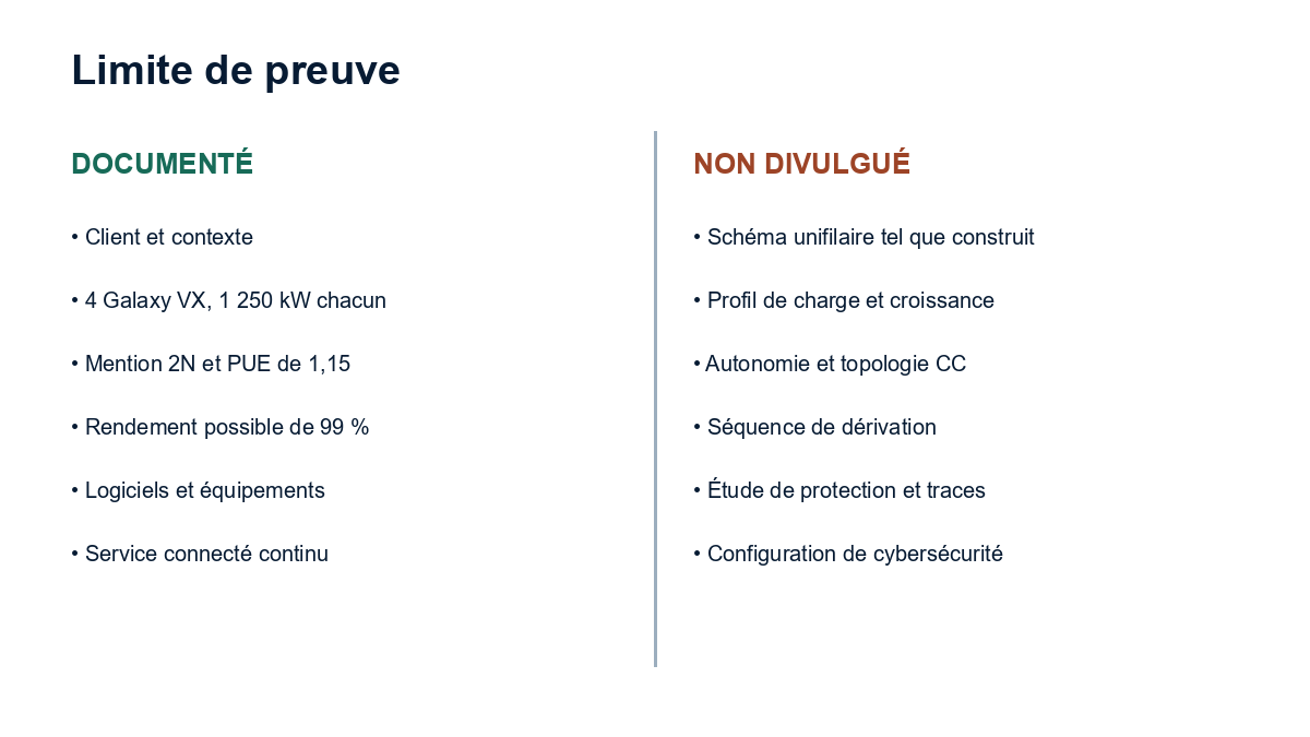 Une matrice à deux colonnes compare les faits documentés par Schneider aux dossiers techniques non divulgués, dont le schéma unifilaire, l'autonomie, la séquence de dérivation, l'étude de protection, les traces d'essai et la configuration cyber.
