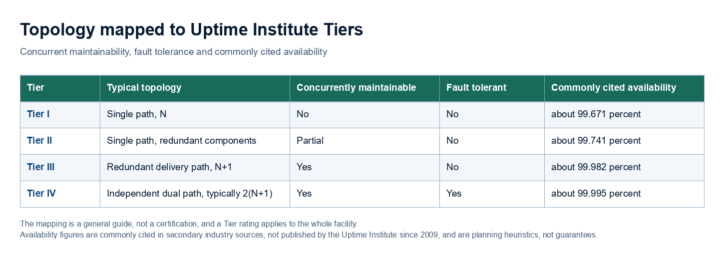 A matrix maps Uptime Institute Tier I through Tier IV to typical topology, concurrent maintainability, fault tolerance and the availability figures commonly cited in secondary industry sources.