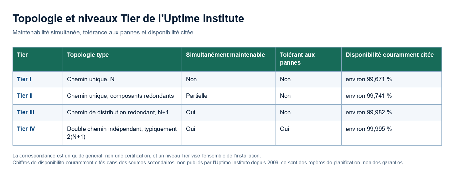 Une matrice fait correspondre les niveaux Tier I à Tier IV de l'Uptime Institute à la topologie type, à la maintenabilité simultanée, à la tolérance aux pannes et aux chiffres de disponibilité couramment cités dans des sources industrielles secondaires.