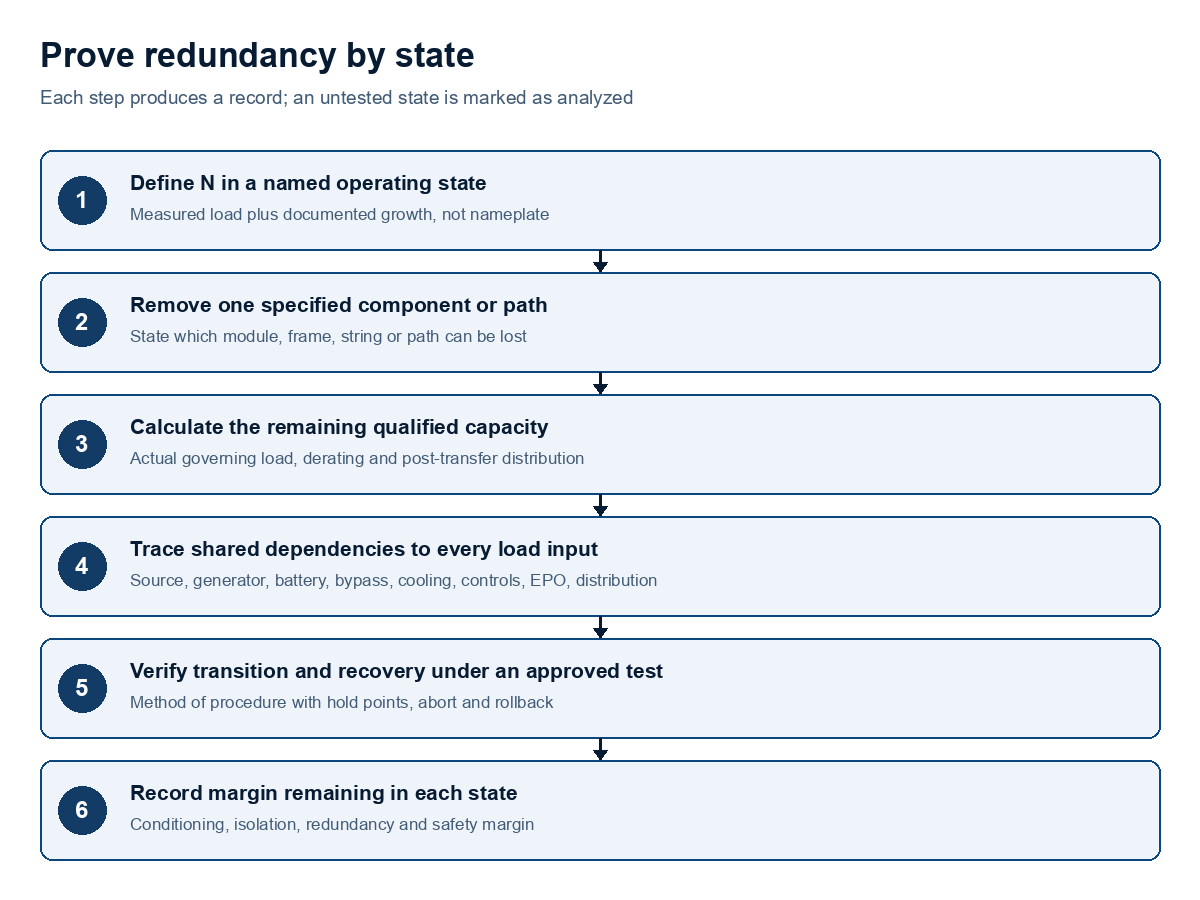 A process diagram shows six steps: define N in a named state, remove one specified component or path, calculate remaining qualified capacity, trace shared dependencies to every load input, verify transition and recovery under an approved test, and record the conditioning, isolation, redundancy and safety margin that remain.