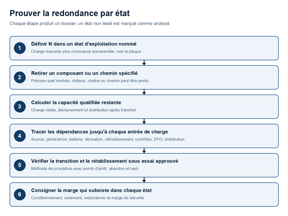 Un schéma de processus montre six étapes : définir N dans un état nommé, retirer un composant ou un chemin spécifié, calculer la capacité qualifiée restante, tracer les dépendances partagées jusqu'à chaque entrée de charge, vérifier la transition et le rétablissement sous un essai approuvé, et consigner le conditionnement, l'isolement, la redondance et la marge de sécurité qui subsistent.