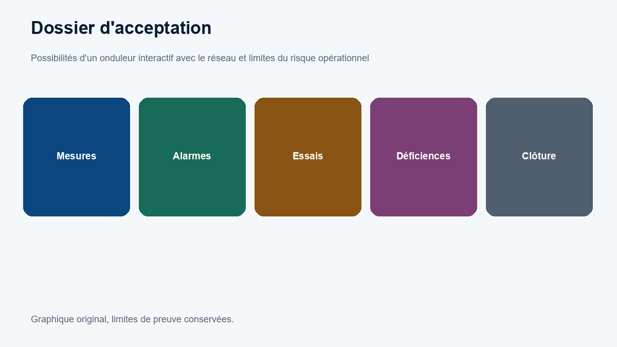 Dossier d'acceptation : Mesures; Alarmes; Essais; Déficiences; Clôture.